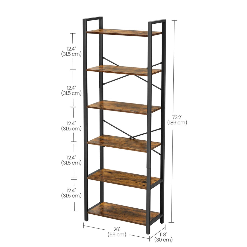 Libreria a 6 ripiani con struttura in acciaio per soggiorno ufficio ingresso altezza 186 cm stile industriale marrone rustico e nero 12_0005455