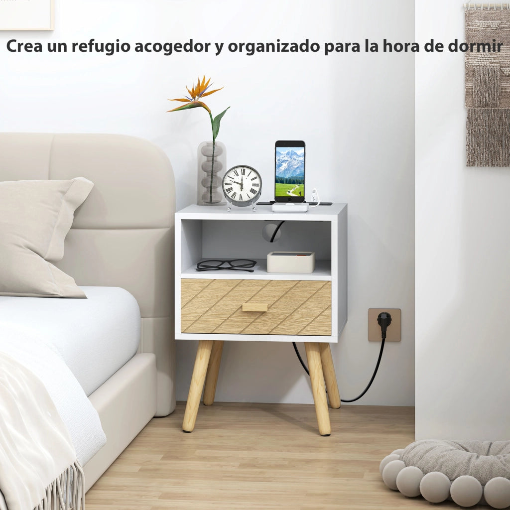 Comodino con Cassetto e Caricatore ¨C Minimal ¨C Legno Bianco 40x40x50