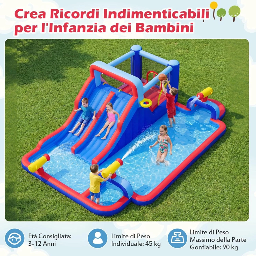 Parco Gonfiabile Scivolo d'Acqua, Grande Castello Gonfiabile con Doppio Scivolo, Piscina d'Acqua, Area Salto, Parete Arrampicata, Canestro da Basket e 3 Cannoni d'Acqua, 646 x 418 x 211 cm