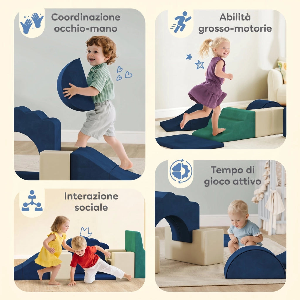 Set 7 Costruzioni Morbide per Bambini da 0,5-3 Anni con Base Antiscivolo in Schiuma e Velluto Blu