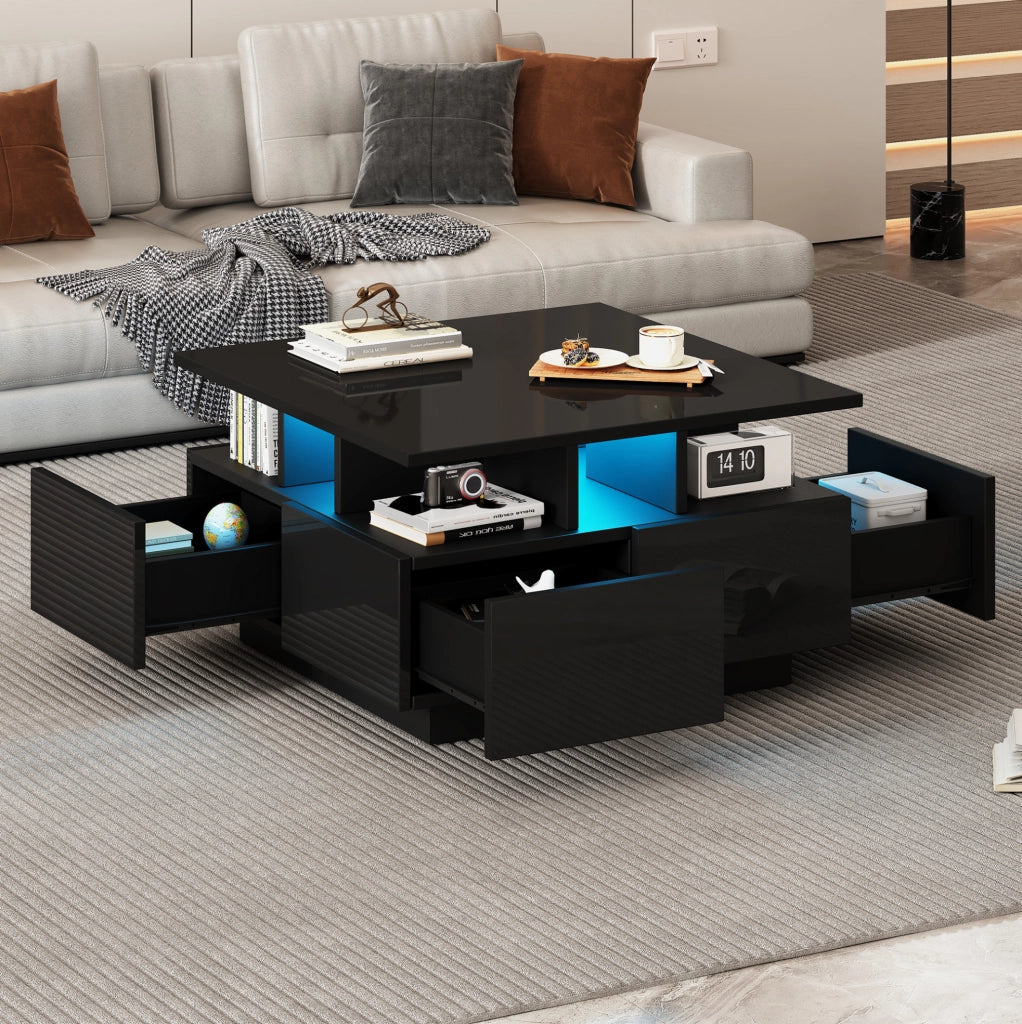 Tavolino da caffè quadrato 70x70x40 cm con 4 cassetti; LED; nero
