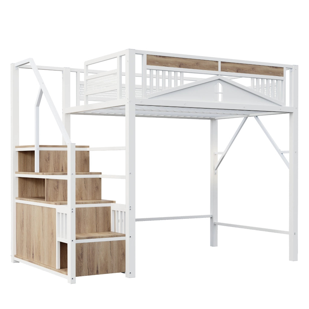 OKWISH Letto a Soppalco 140×200 cm, Letto Matrimoniale con Scala Contenitore, Armadietto e Sponda con Finestra, senza Materasso, Bianco