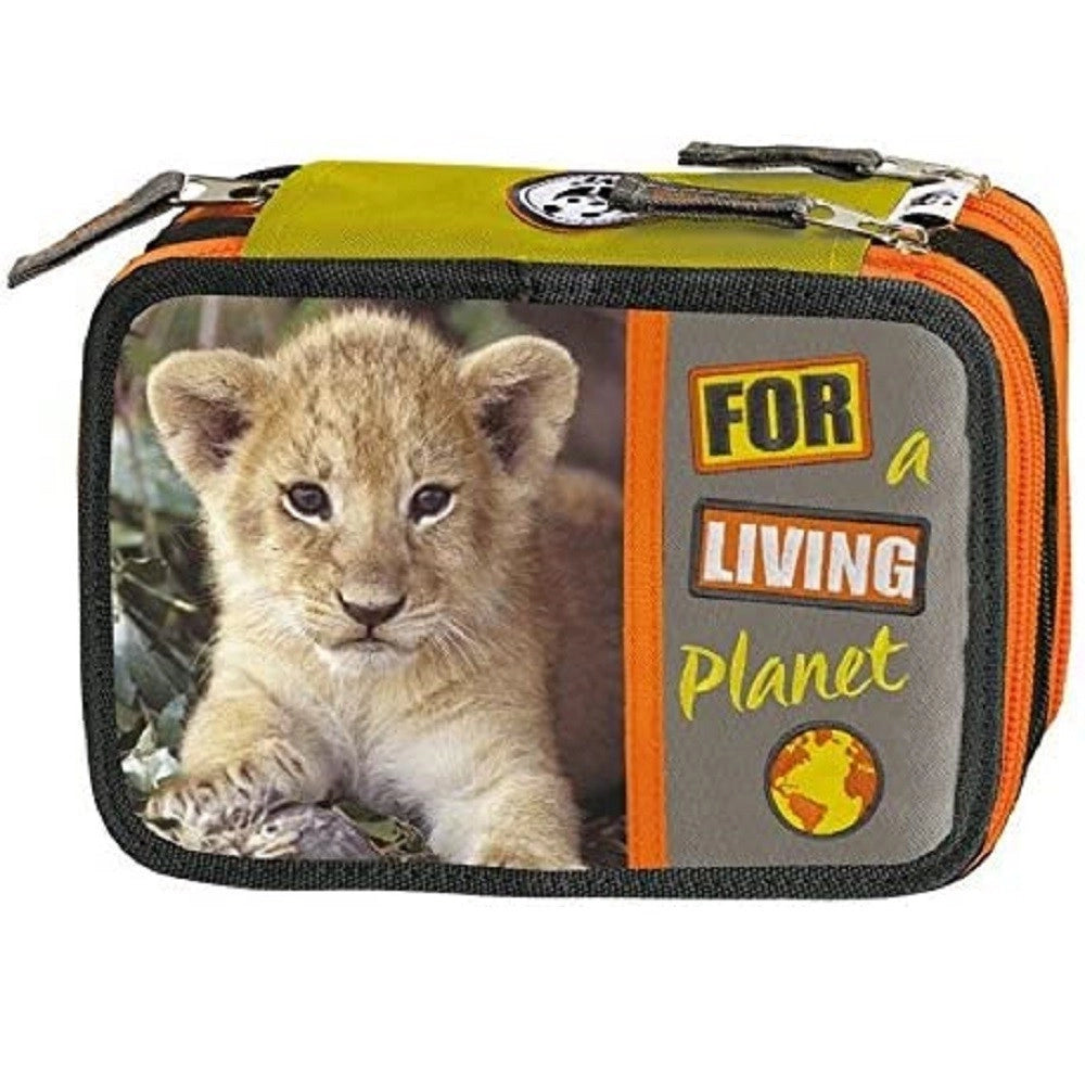 Trade Shop - Astuccio Scuola Panini Wwf For Living Planet 3 Piani Chiusura A Zip Pieno Leone -