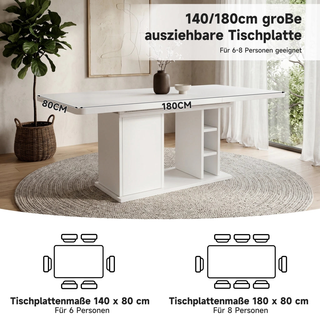 Tavolo da pranzo - estraibile 140/180x80 cm - con vano - per 6-8 persone - stile scandinavo - bianco