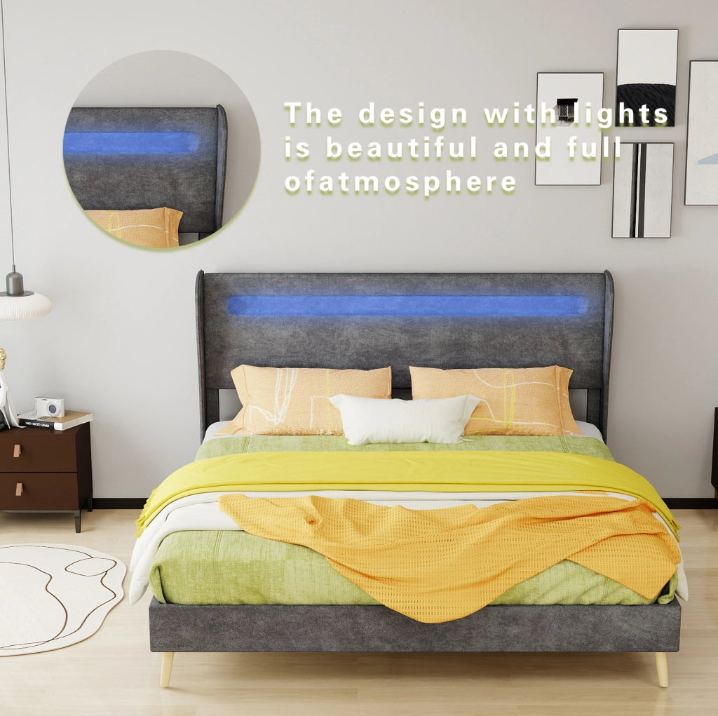 Letto basso 160x200 cm con testiera regolabile e LED multicolore; grigio