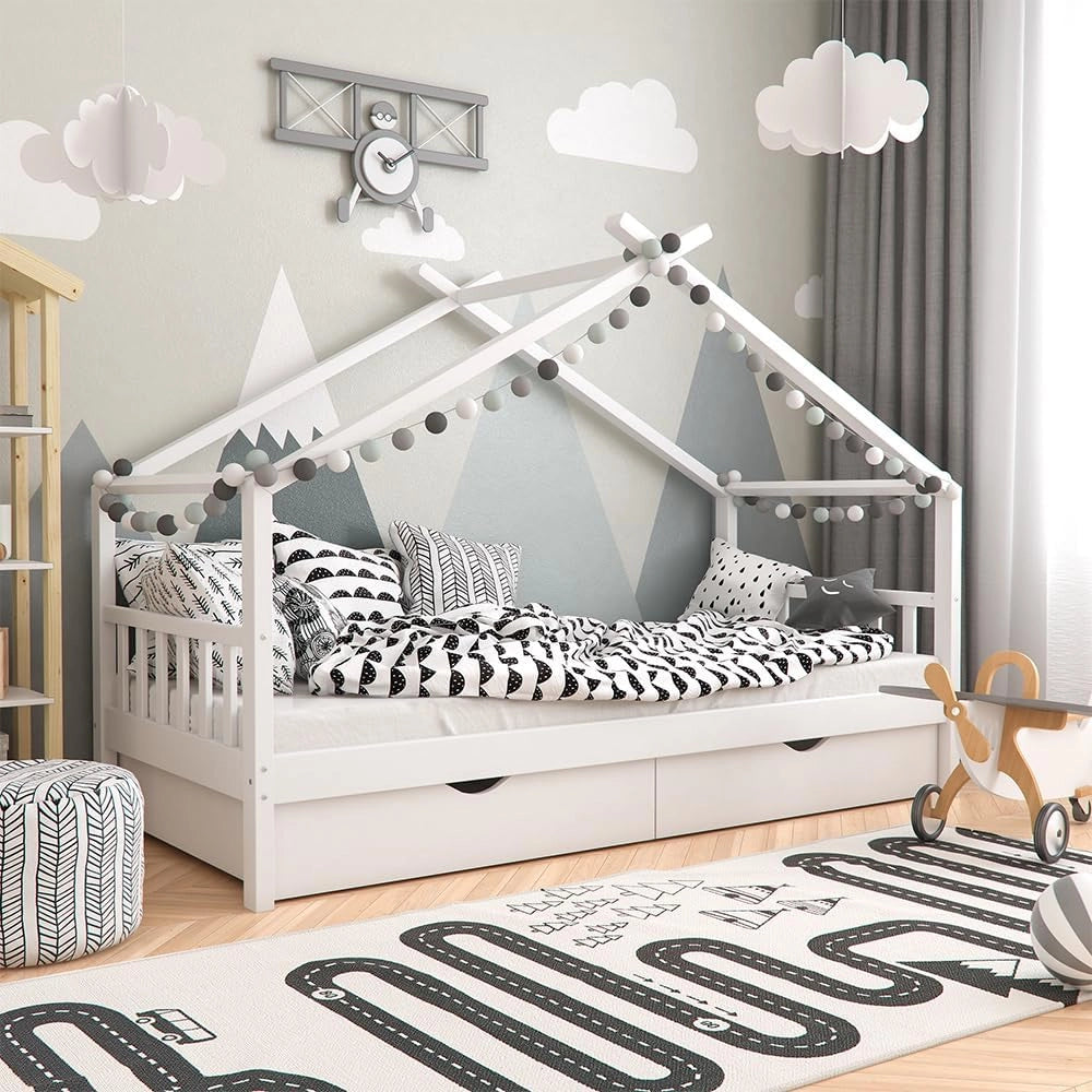 Letto montessori bambini Design, Bianco, 90x200 cm con 2 cassetti, con sponda anticaduta e rete a doghe per un sonno sicuro