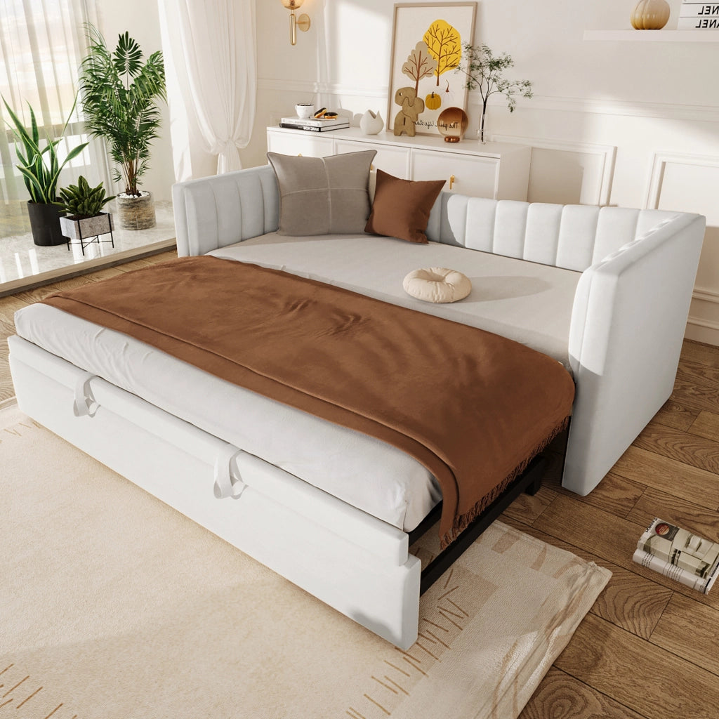 Letto imbottito con letto estraibile 90 x 200 cm, velluto e MDF, bianco