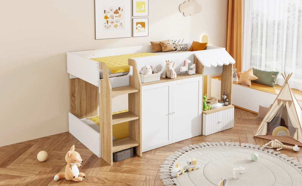 Letto a soppalco 90x200 cm con scala e contenitore in legno bianco e colore naturale