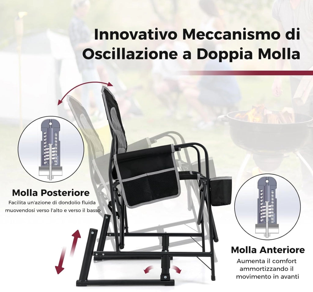 Poltrona a Dondolo da Campeggio, Sedia Pieghevole e Portatile con Molla Doppia, Schienale Imbottito, Braccioli, Porta Bicchieri, Sedia da Campeggio per SPiaggia Picnic, Portata 150 kg