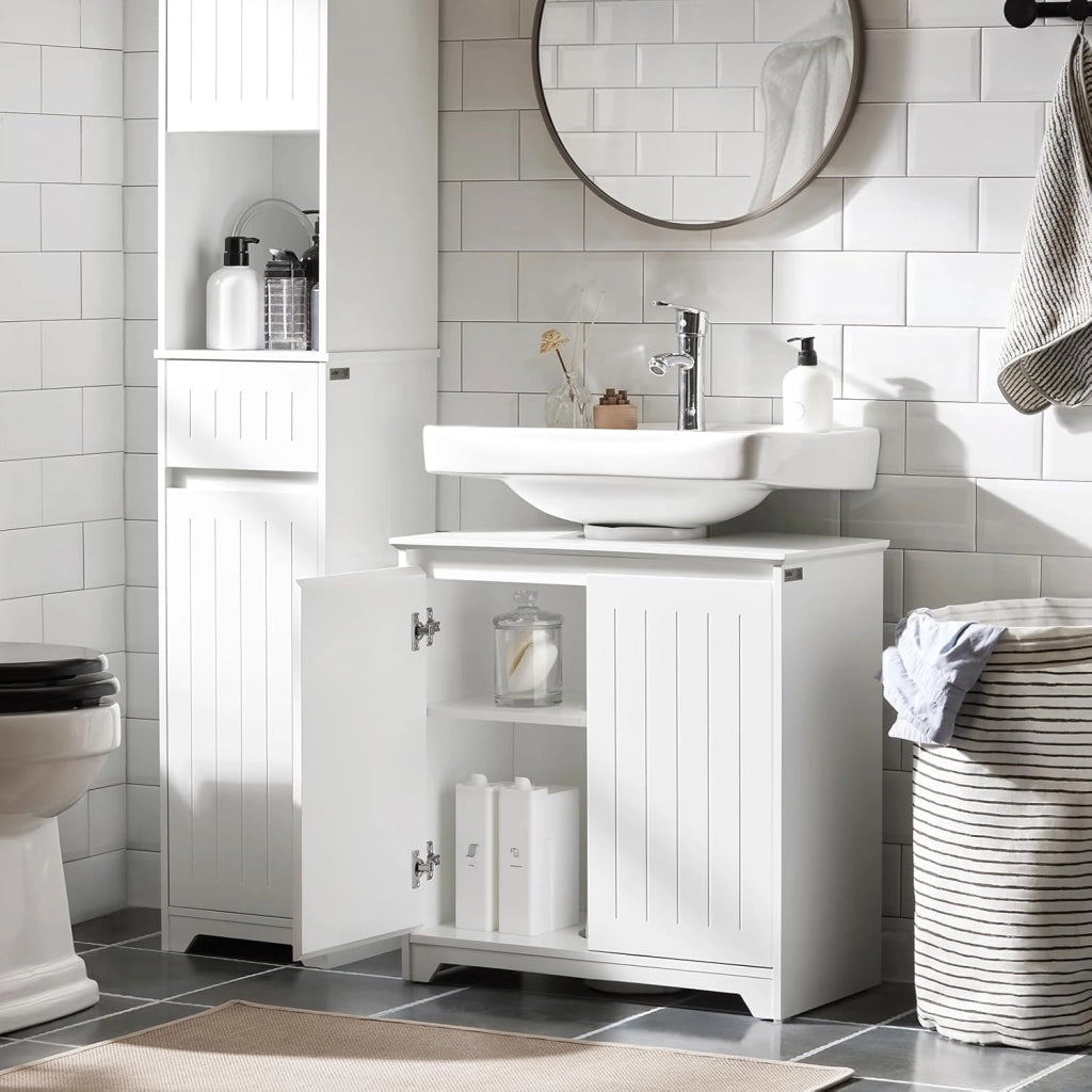 Mobile Sottolavabo Bagno Mobile Base per Lavabo a Terra con 2 Ante Bianco 60x30x60cm BZR108-II-W