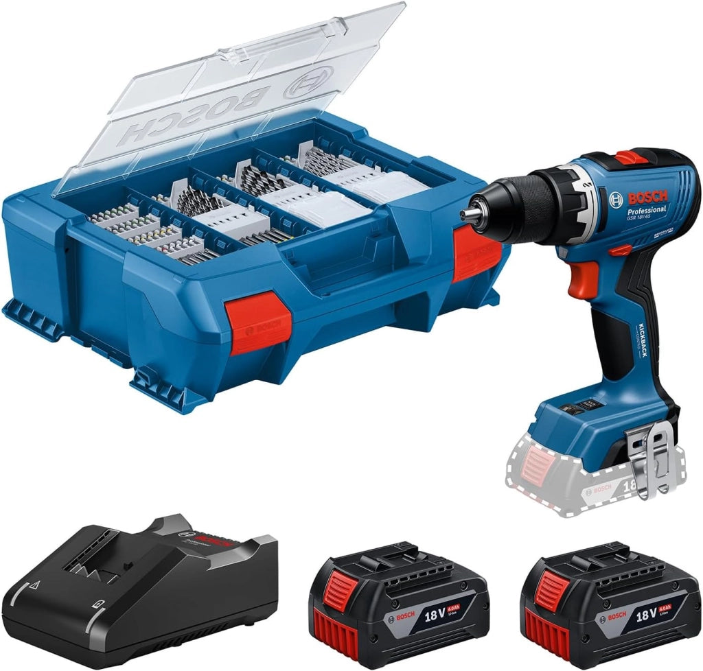 Bosch Professional 18V System Trapano-avvitatore a batteria GSR 18V-65 (motore brushless, lunghezza della testa 166, incl. 2 batterie GBA 4.0Ah, 82AC, L-Case)