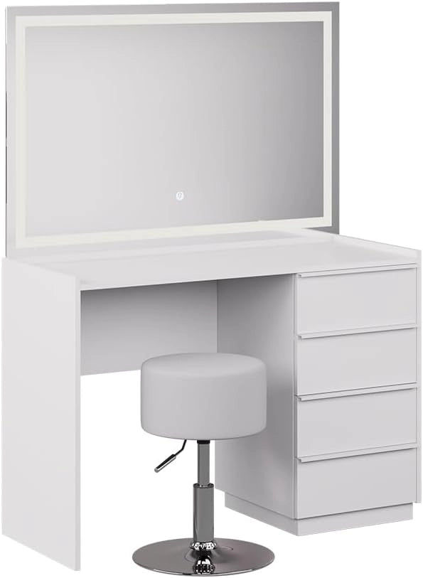 Tavolo da toeletta Viktoria, Bianco, 110 cm con specchio LED e sgabello, porta un tocco moderno all’ambiente
