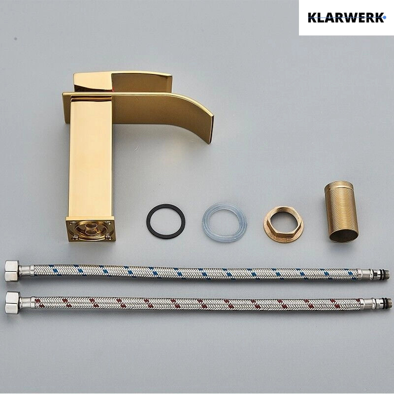 ROSA | Rubinetto da bagno a cascata Premium oro lucido  per lavabo in acciaio inox per catering | Miscelatore lavabo quadrato con rubinetto di design