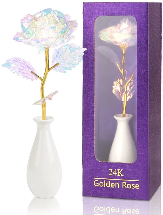 Vasca Ceramica con Rosa Artificiala 24K a Foglia d'oro - Regalo Ideale per la Mamma - Compleanno - San Valentino - Fiori che Non Invecchiano - Rosa Eterna