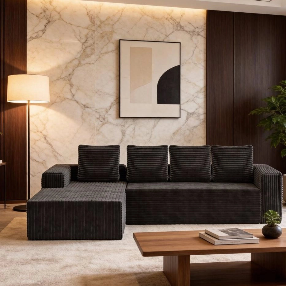 Divano modulare a L con chaise longue reversibile; 2 moduli; velluto a coste grigio