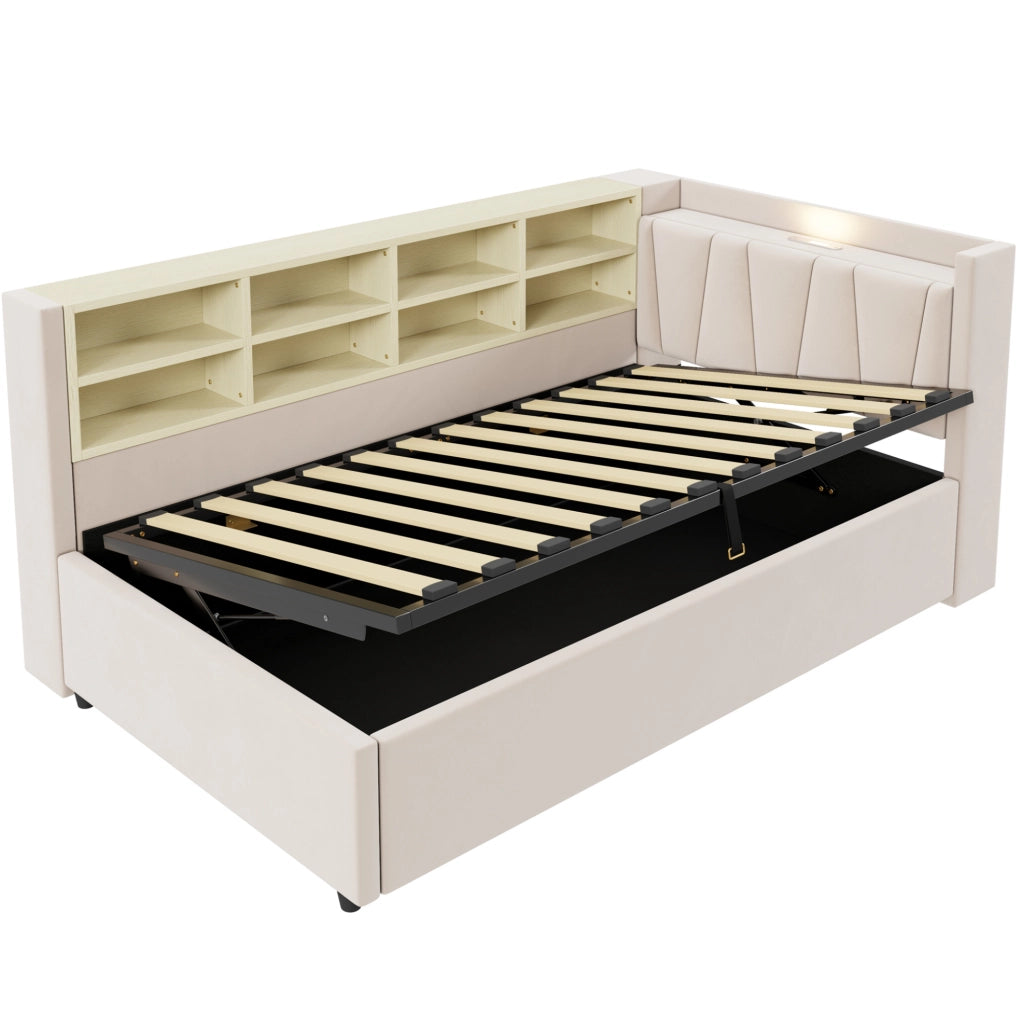 Letto imbottito 90x200 cm con contenitore idraulico e porte USB e Type-C in velluto