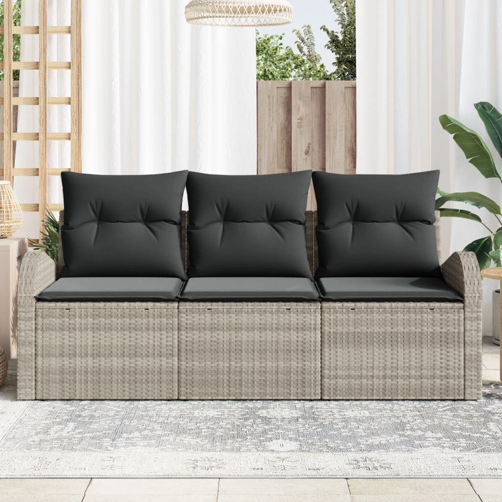 Set di Divani da Giardino a 3 pezzi con Cuscini Grigio Chiaro in Rattan