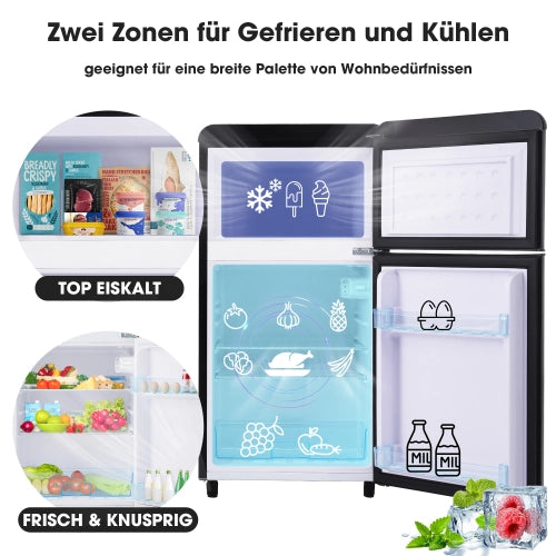 Frigorifero retrò; frigorifero a doppia porte; volume totale 72L; compartimento congelatore 21L; luce LED; efficiente energetico; nero