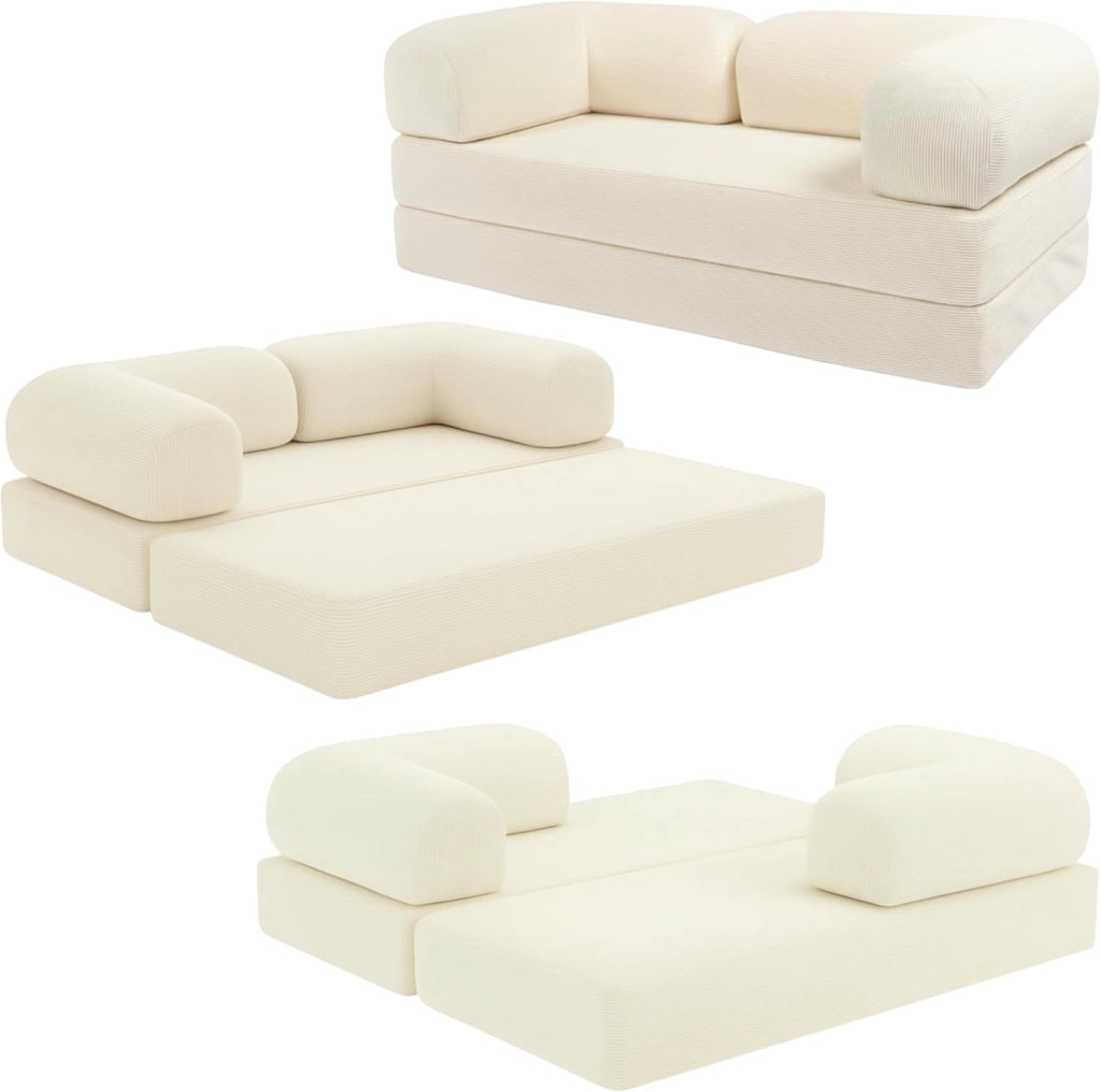 Divano 2 Posti Prodotto in Francia - Divano Letto Modulare in Schiuma ad Alta Densità e Tessuto in Velluto a Coste - Design Innovativo Boneless Couch, Spedito Compresso (Ecru)