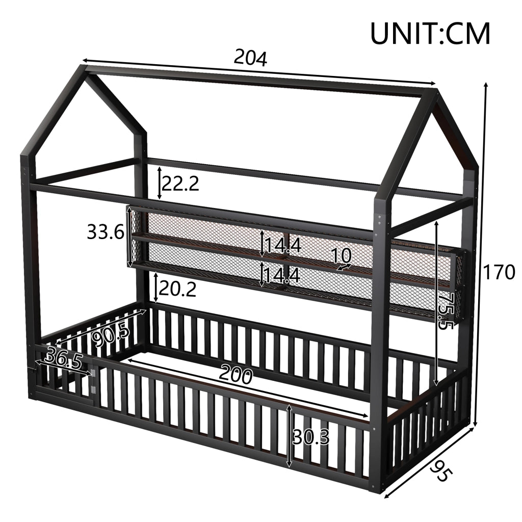 DESMIU Letto a Casetta per Bambini 1 Posto con Sponda e LED 90 × 200 cm, senza materasso, in Metallo, Nero