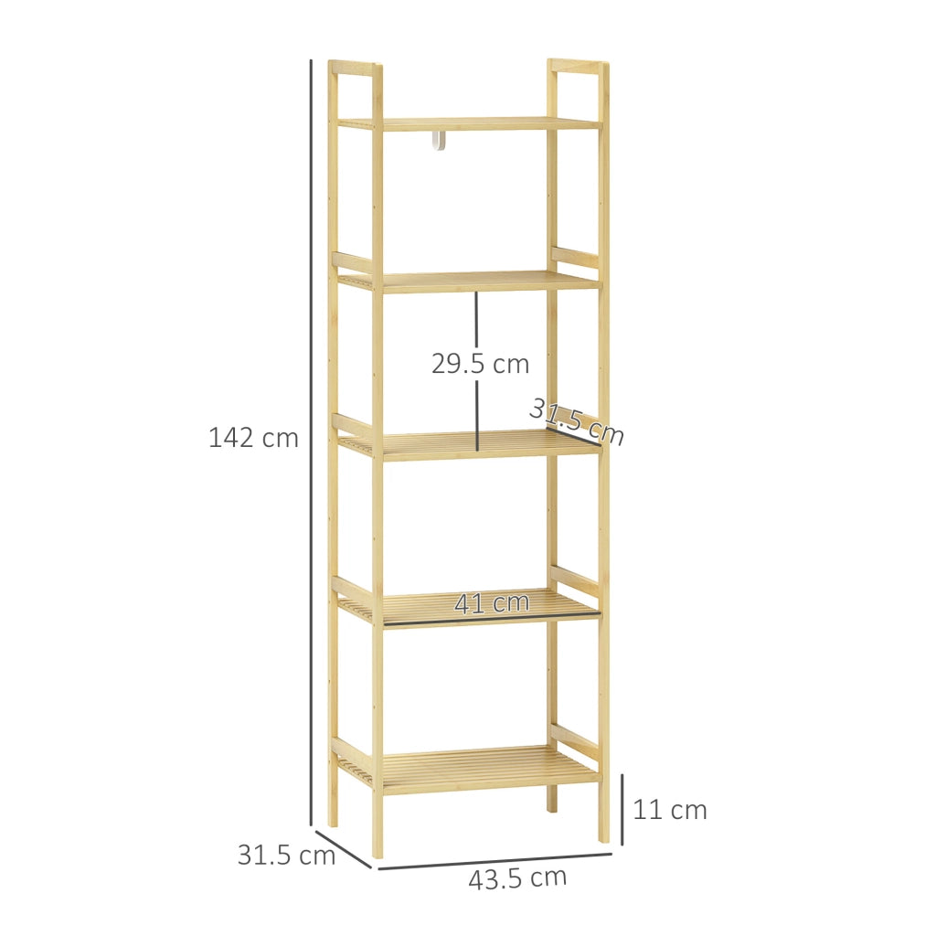Scaffale Bagno a 5 Ripiani Regolabili in Altezza in Bamb¨´, 43.5x31.5x142 cm, Legno Naturale
