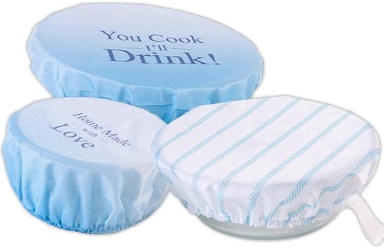 Set di coperture alimentari da 3 pezzi - Riciclabili - Elastici - Conservazione alimentare - Alternativa al film di plastica - Tela oxford azzuronastra - Protezione alimentare