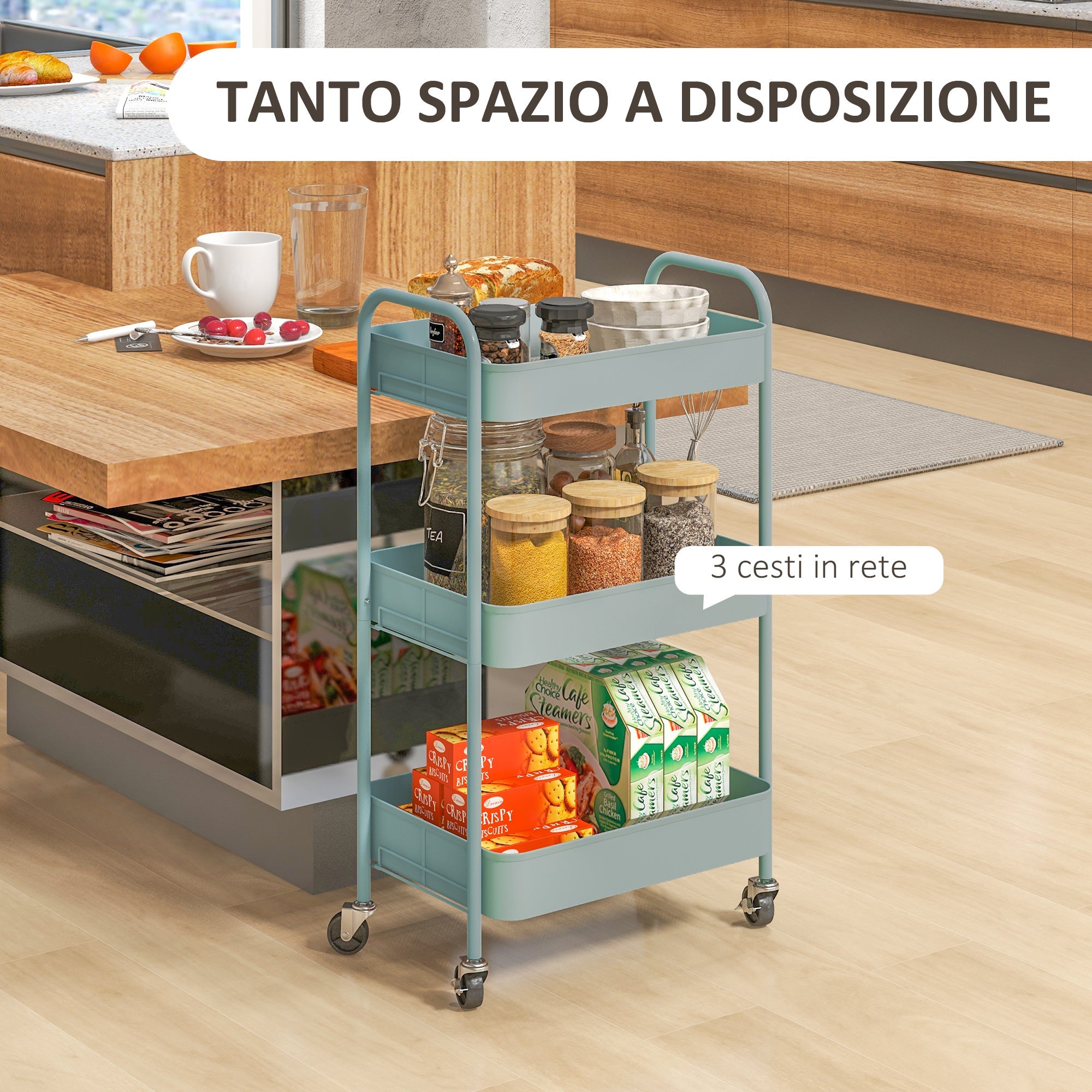 Carrello da Cucina a 3 Livelli 45x30,6x79 cm in Acciaio Azzurro