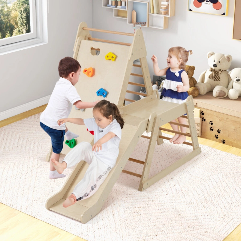 Palestra jungle 3 in 1 parco giochi interno per bambini con scivolo esteso-Palestra scaletta in legno e struttura da gioco Naturale