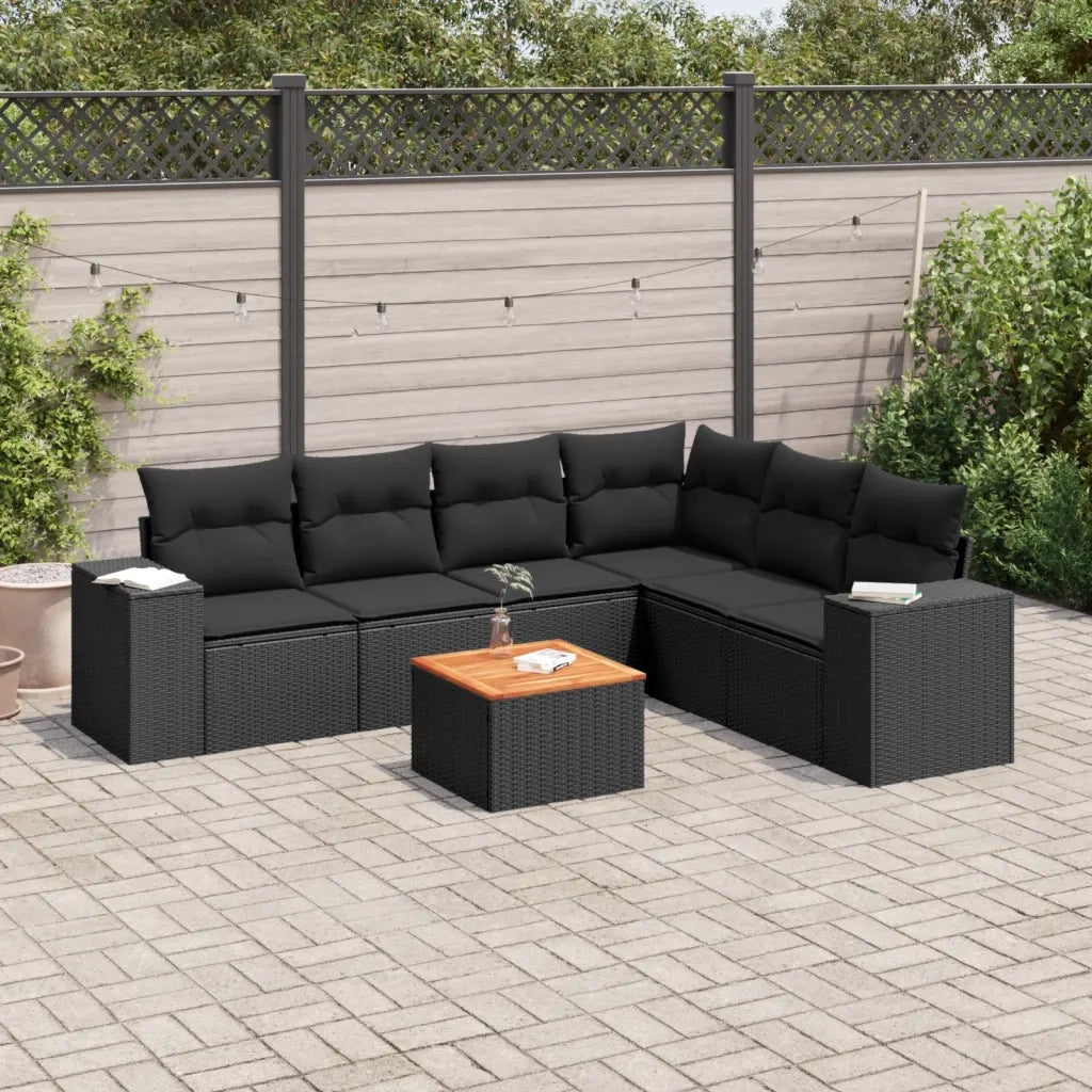 Set Divani da Giardino con Cuscini 7pz Nero Polyrattan