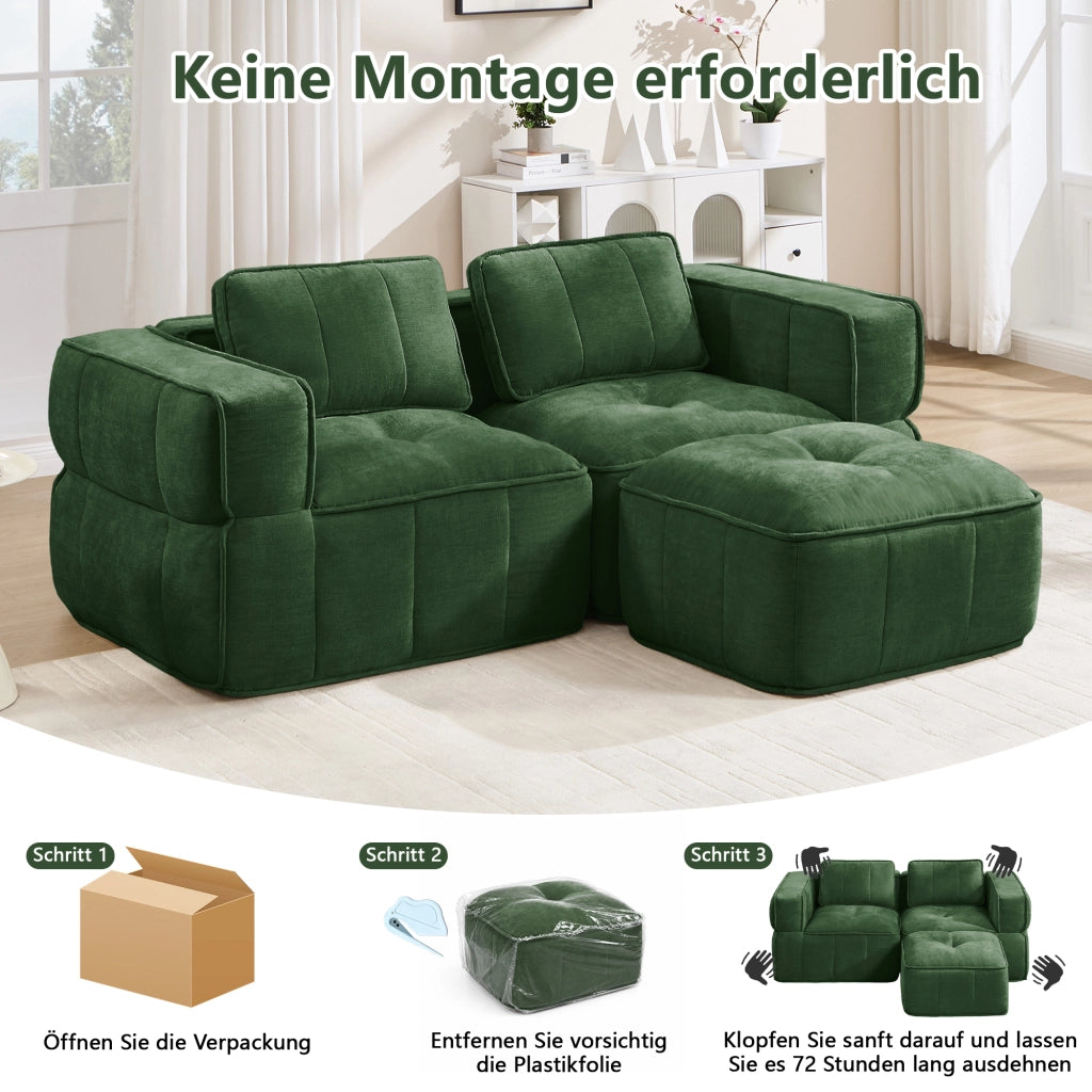 Divano angolare modulare 2 posti con pouf, seduta profonda e base antiscivolo in poliestere verde