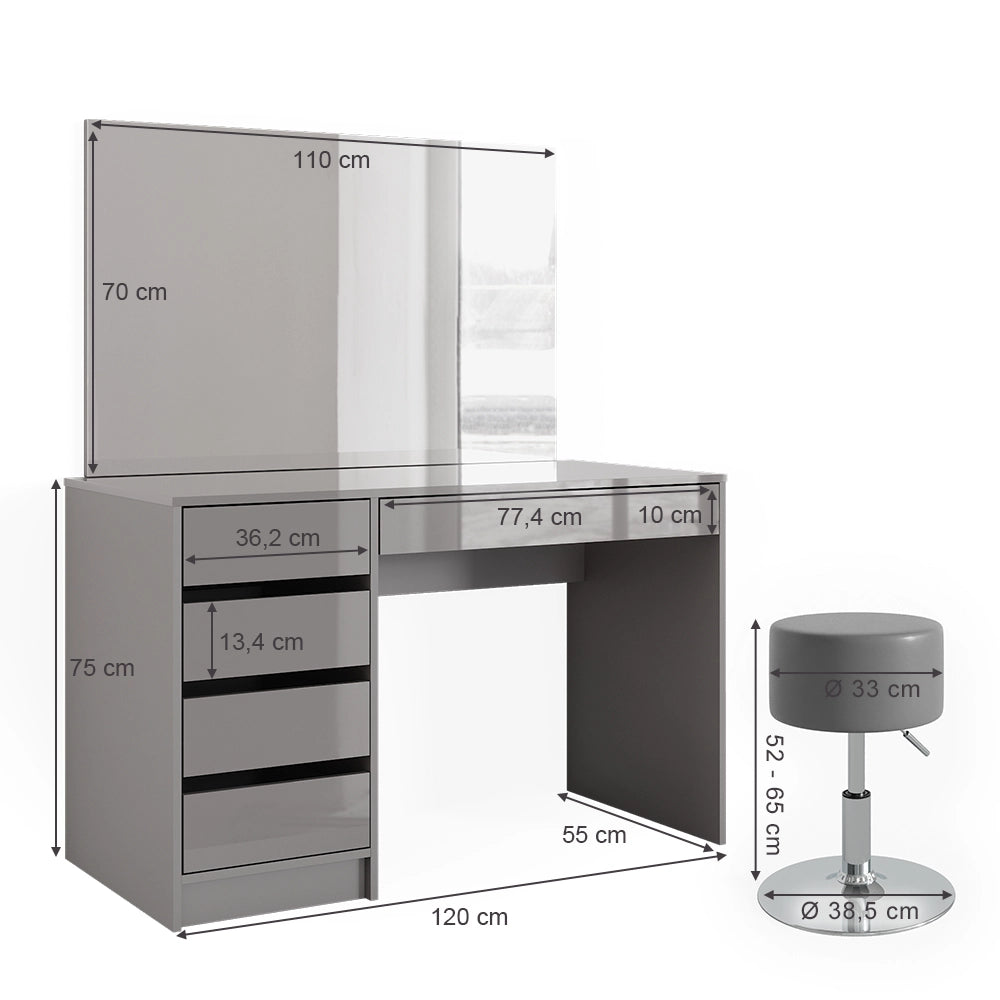 Vicco Tavolo da toeletta Grigio 55 cm con sgabello