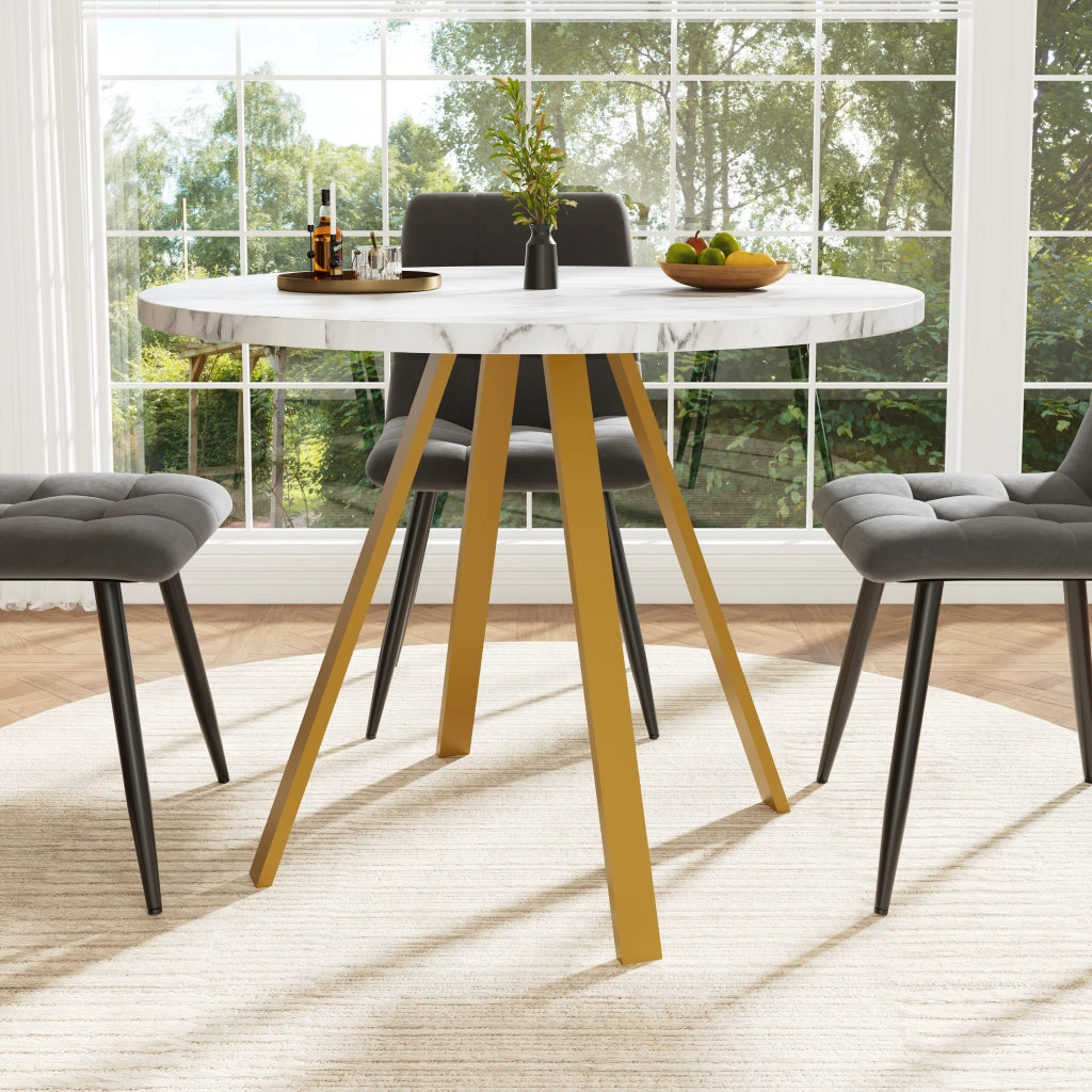 Tavolo da pranzo rotondo per 4 persone con gambe in metallo; in MDF; bianco effetto marmo e oro 80×80×75 cm
