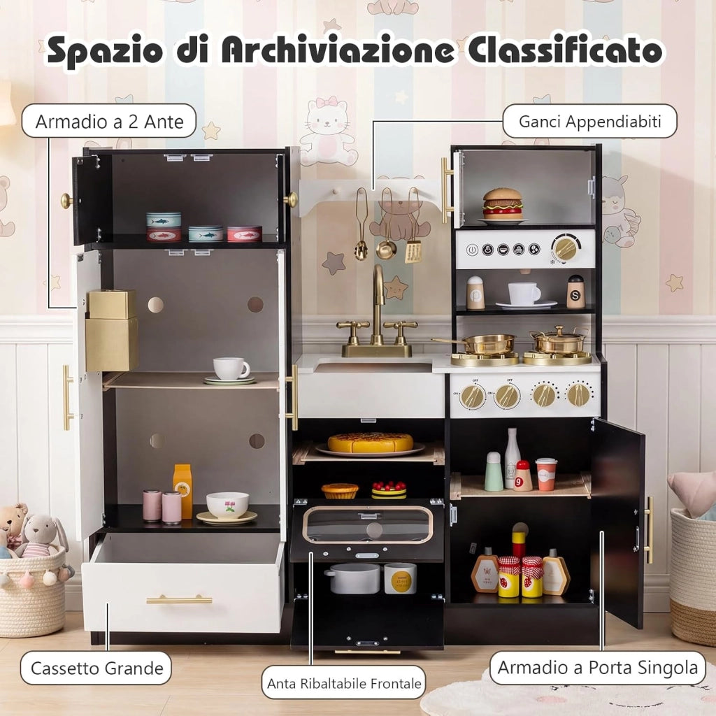 Cucina Giocattolo per Bambini, Set Cucinetta in Legno con Luci e Suoni Realistici, Fornelli, Lavello, Rubinetto, Forno, Microonde, Macchina del Caffè, Gioco di Finzione Chef per Bambini 3+
