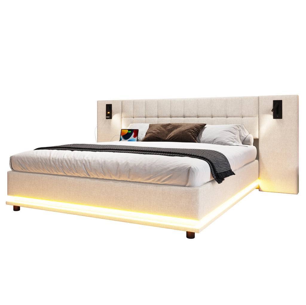 Letto imbottito 180x200 cm con LED; spot e USB in lino beige