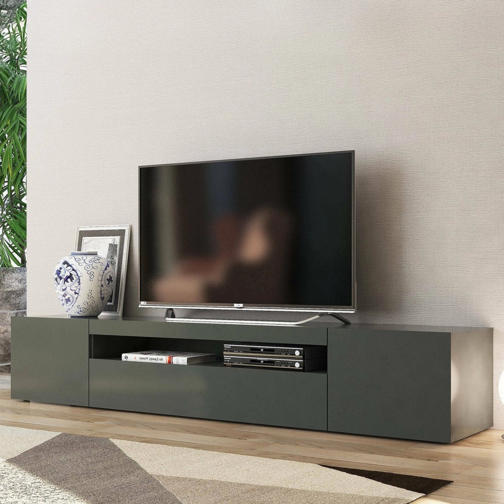 Mobile da soggiorno Porta Amore, Made in Italy, Supporto per Amore da salotto a 3 ante e ripiani, cm 200x40h37, Antracite lucido