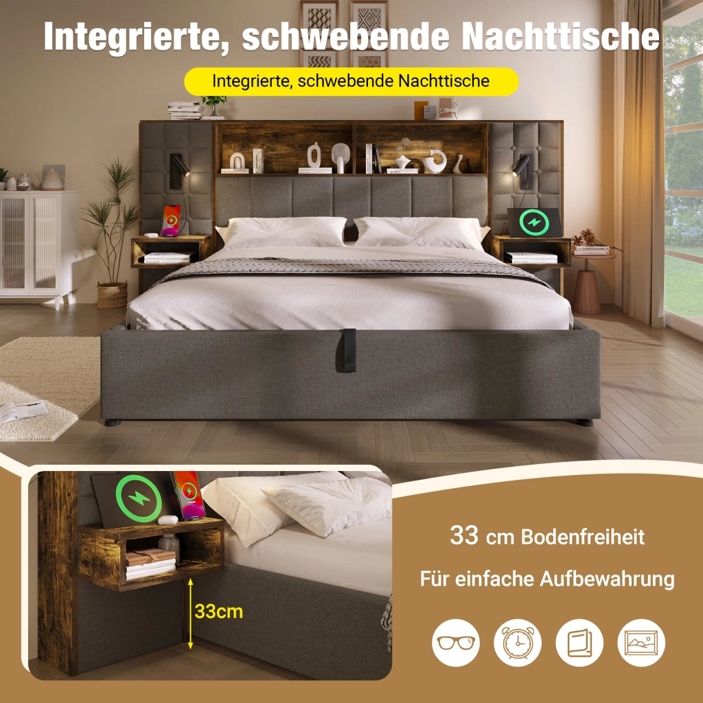 Letto matrimoniale 160 × 200 cm con contenitore, luci da lettura, 2 comodini, USB e Type-C, senza materasso, grigio