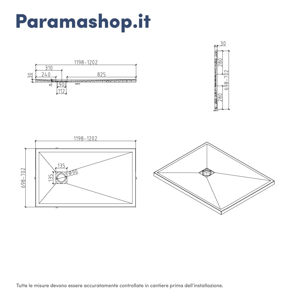 Piatto doccia rettangolare 70x120 cm in marmoresina bianco effetto pietra h3 cm | Milos