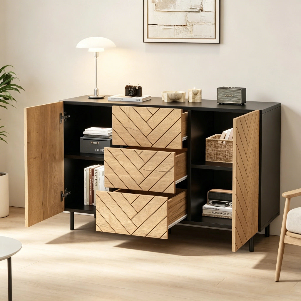Credenza, 120 x 40 x 76 cm, in truciolato, 3 cassetti, finitura effetto legno, color legno naturale e nero