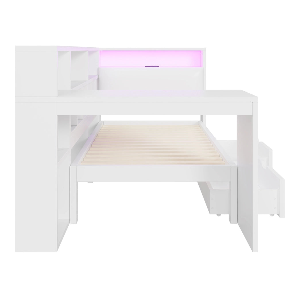 LETTO L-forma 90x200 cm Bianco con scrivania integrata e libreria
