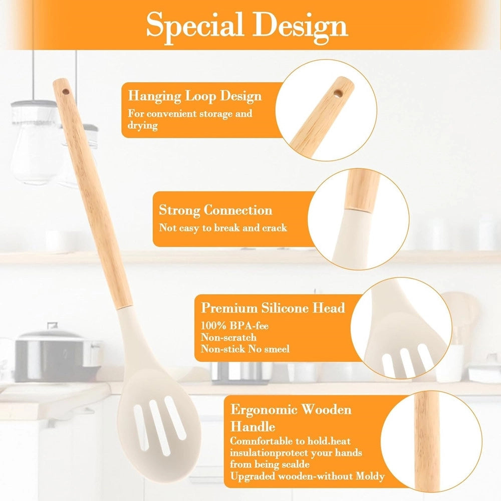 Trade Shop - Set 12 Attrezzi Cucina In Silicone Antiaderente Con Porta Utensili Manico In Legno -