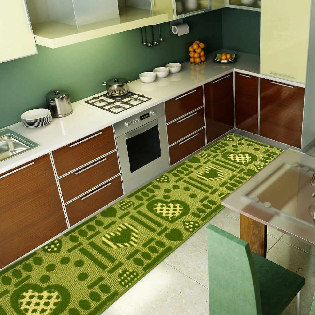 Tappeto Cucina Antiscivolo Cuori 3D Lavabile Moderno Assorbente Verde 50x75 cm
