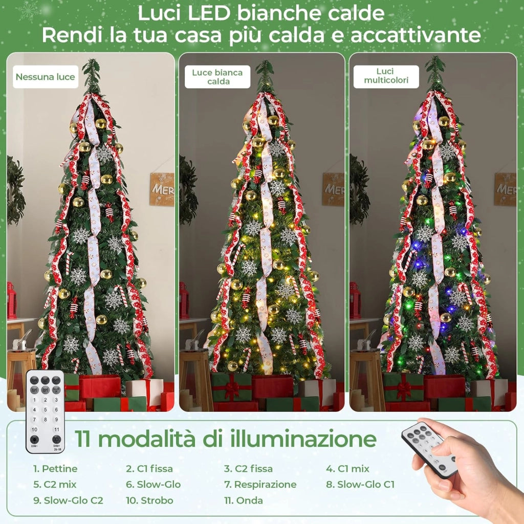 150cm Albero di Natale Pop Up, Albero di Natale Artificiale con 120PCS Luci LED, 11 Modalità di Illuminazione, Albero di natale Pieghevole, Salvaspazio, con Palline di Natale, Nastri