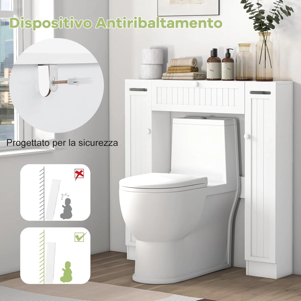 Mobile Sopra WC, Mobile per Bagno con Ripiani Regolabili Portarotolo per Carta Igienica e Anta Ribaltabile, Ideale per Bagno Lavanderia, 89x19,5x99 cm
