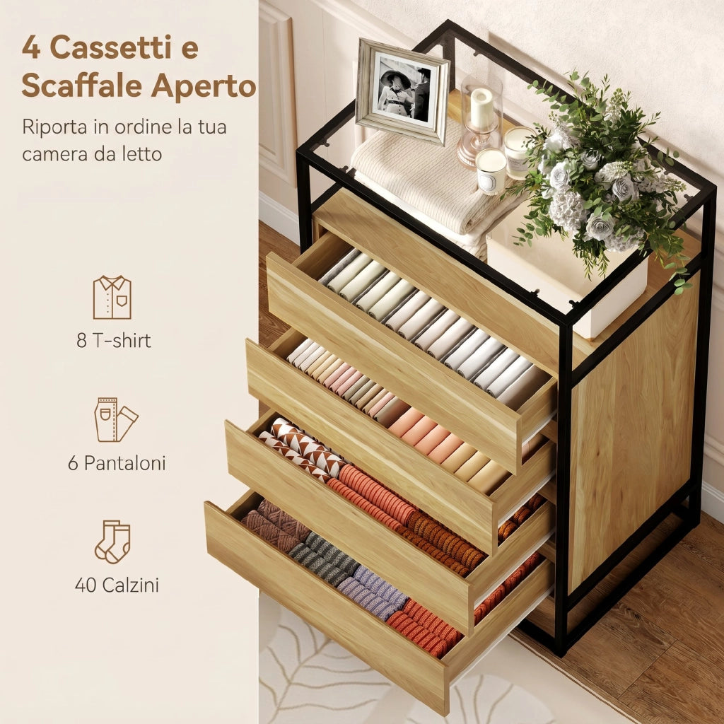 Cassettiera 4 Cassetti, Ripiano Aperto, Acciaio, Vetro Temperato