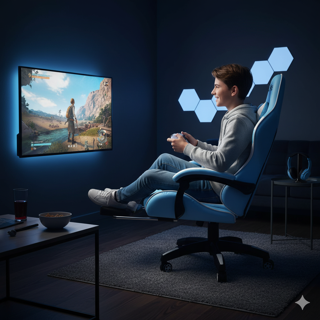 Sedia Gaming con Poggiapiedi in Similpelle Azzurro