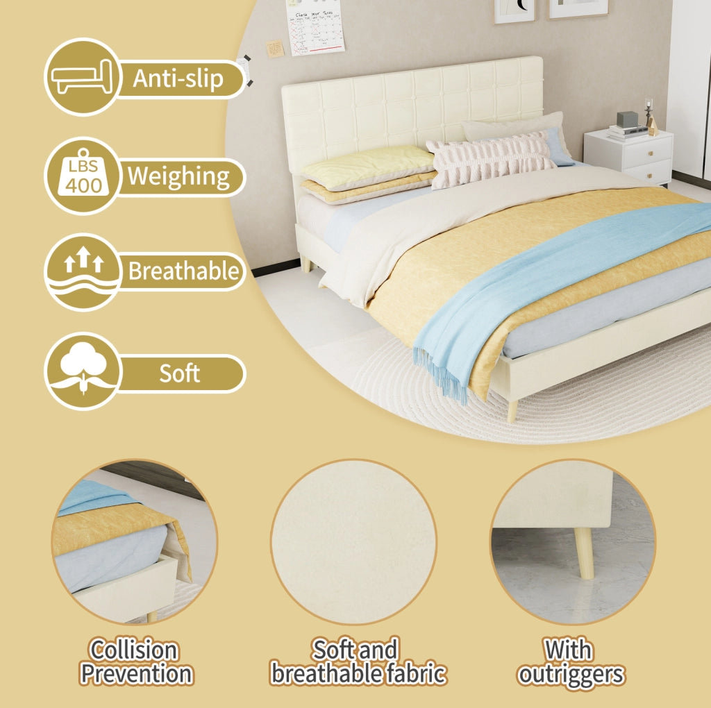 Letto matrimoniale 160x200 cm con testiera imbottita a quadri; velluto beige
