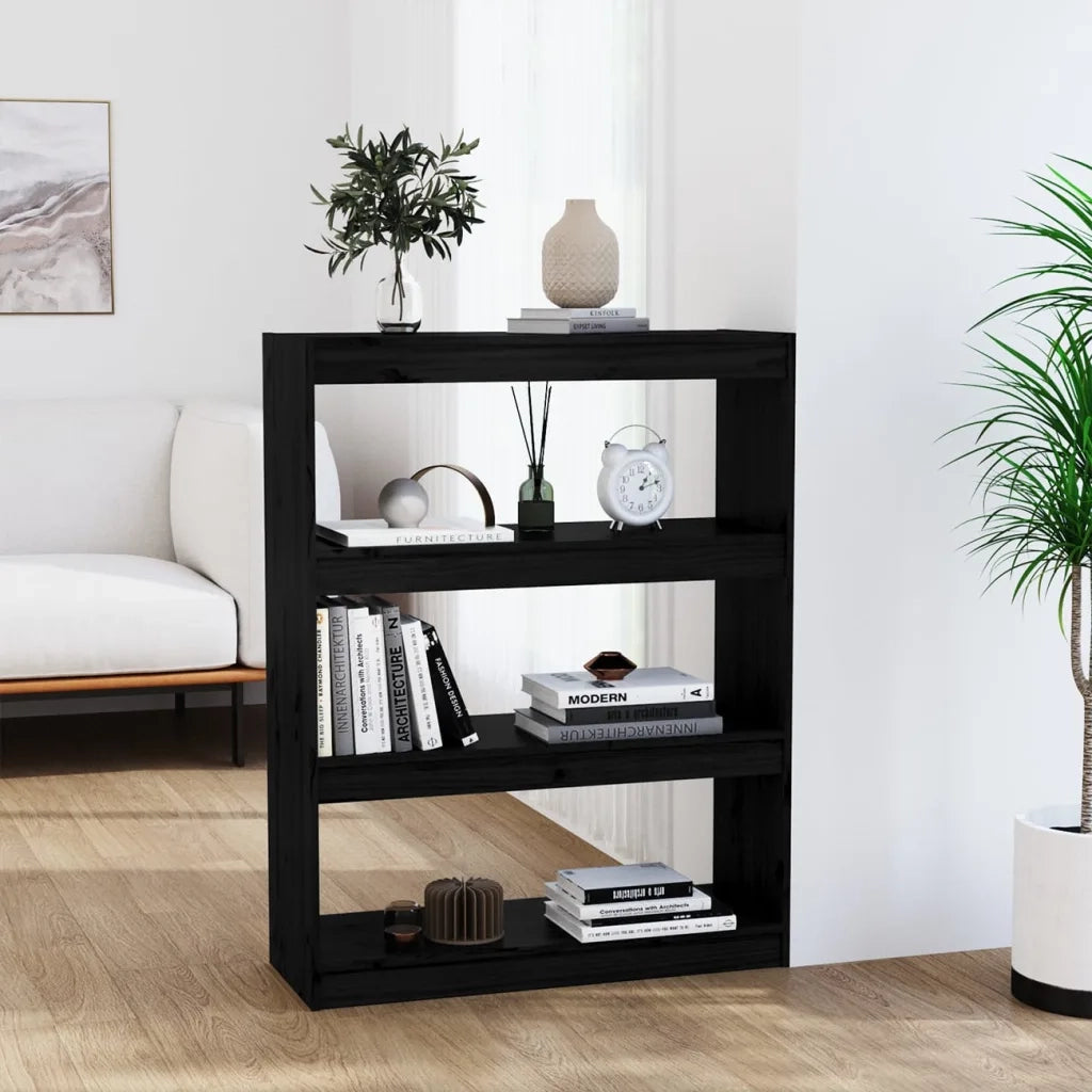Libreria Divisorio-Scaffale per Libri-Mobile di Stoccaggio Nero 80x30x103,5cm in Legno Massello di Pino