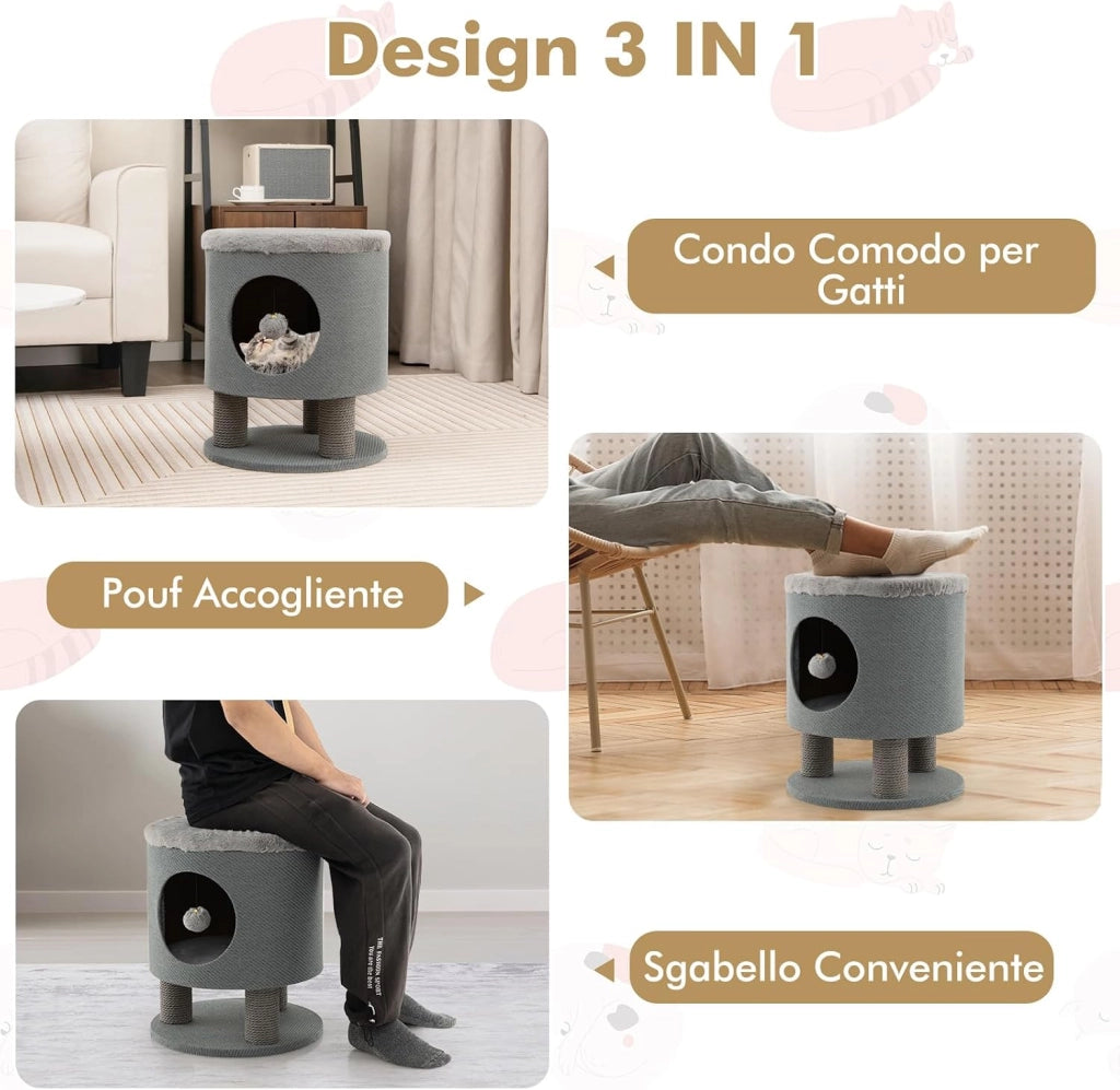 Casetta per Animali Domestici, Cuccia per Gatti con Pali Tiragraffi e Pallina di Peluche, Mobile Multiuso 3-IN-1 per Gatti Piccoli e Medi (Grigio)