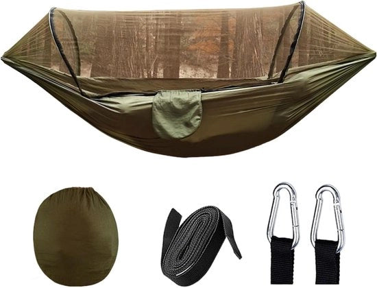 Hamaca da Campo con Rete Anti-Zanzare - Portatile per Camping e Viaggi - Capacità di Carico 200 kg - Nylon Respirabile e Rapidoall'asciugatura - Include Cinture di Sospensione e Carabinieri (Verde Militare)