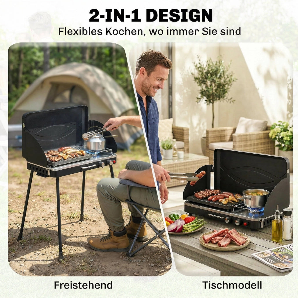 Grill a gas portatile 2 bruciatori ¨C zephmum ¨C 2-in-1 tavolo con coperchio e vento